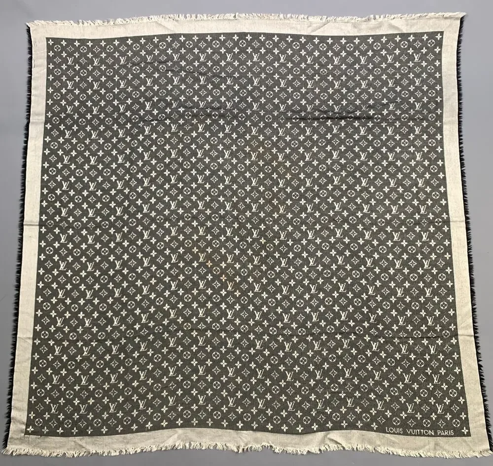 LOUIS VUITTON Silver Black Logo Silk Wool Scarf